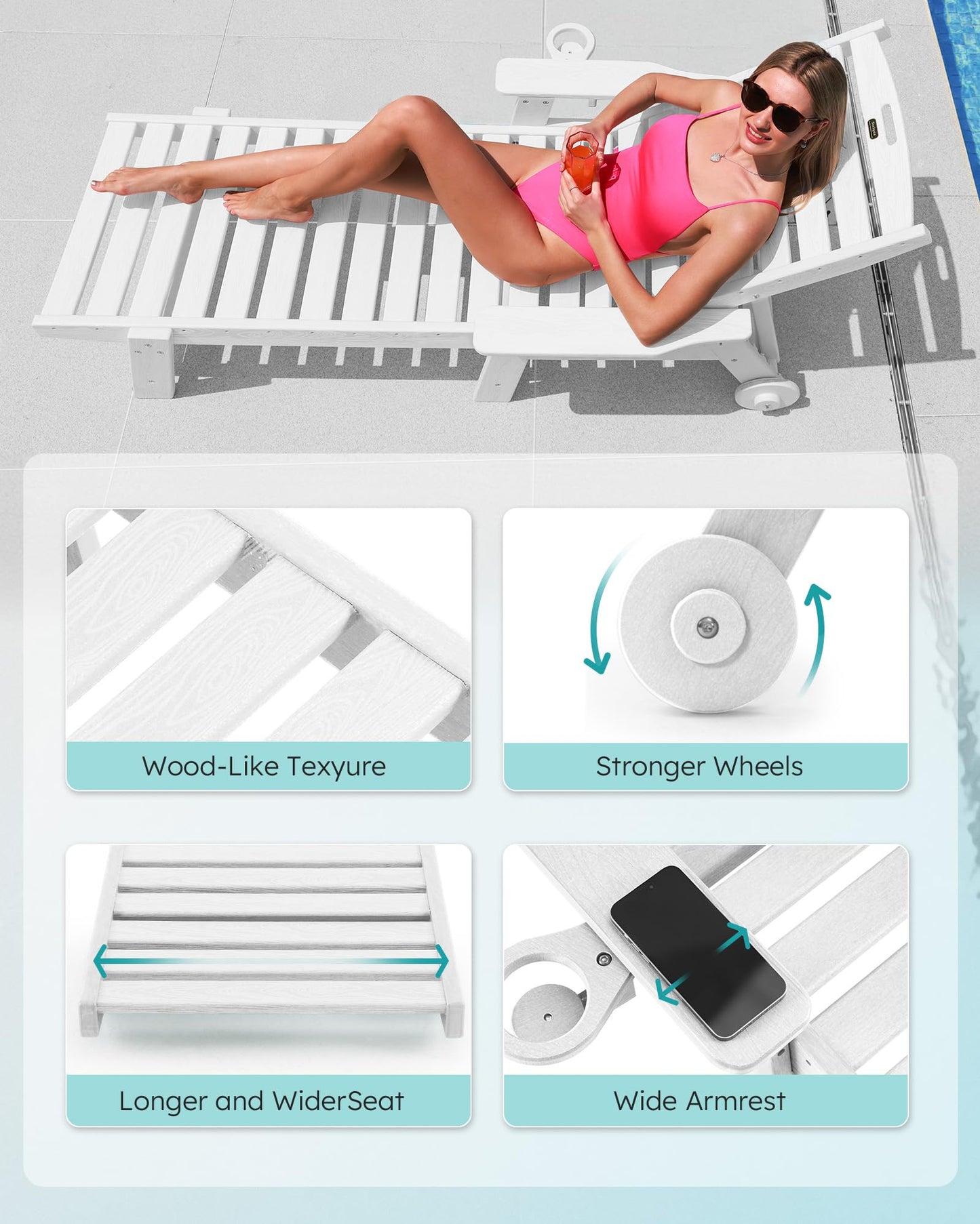 Serique Patio Chaise Lounge Chair Set of 2, Oversize Lounge Chairs with Wood Texture& Rolling Wheels, HDPE 6-Position Plastic Lounge Chairs for Poolside, Patio, Deck, Beach,White