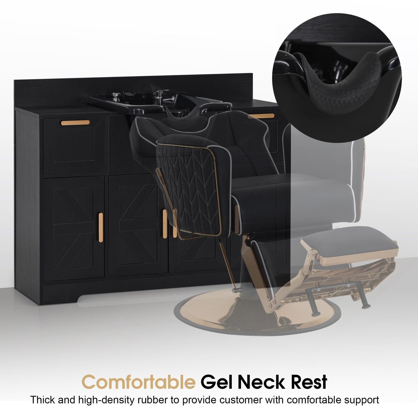 BarberPub Portable Shampoo Station, Shampoo Bowl with Cabinet & Drawer, Salon Geometric Finish Station with Sprayer Faucet, Barber Storage Equipment with Hair Wash Backwash Sink 3439 (Black)