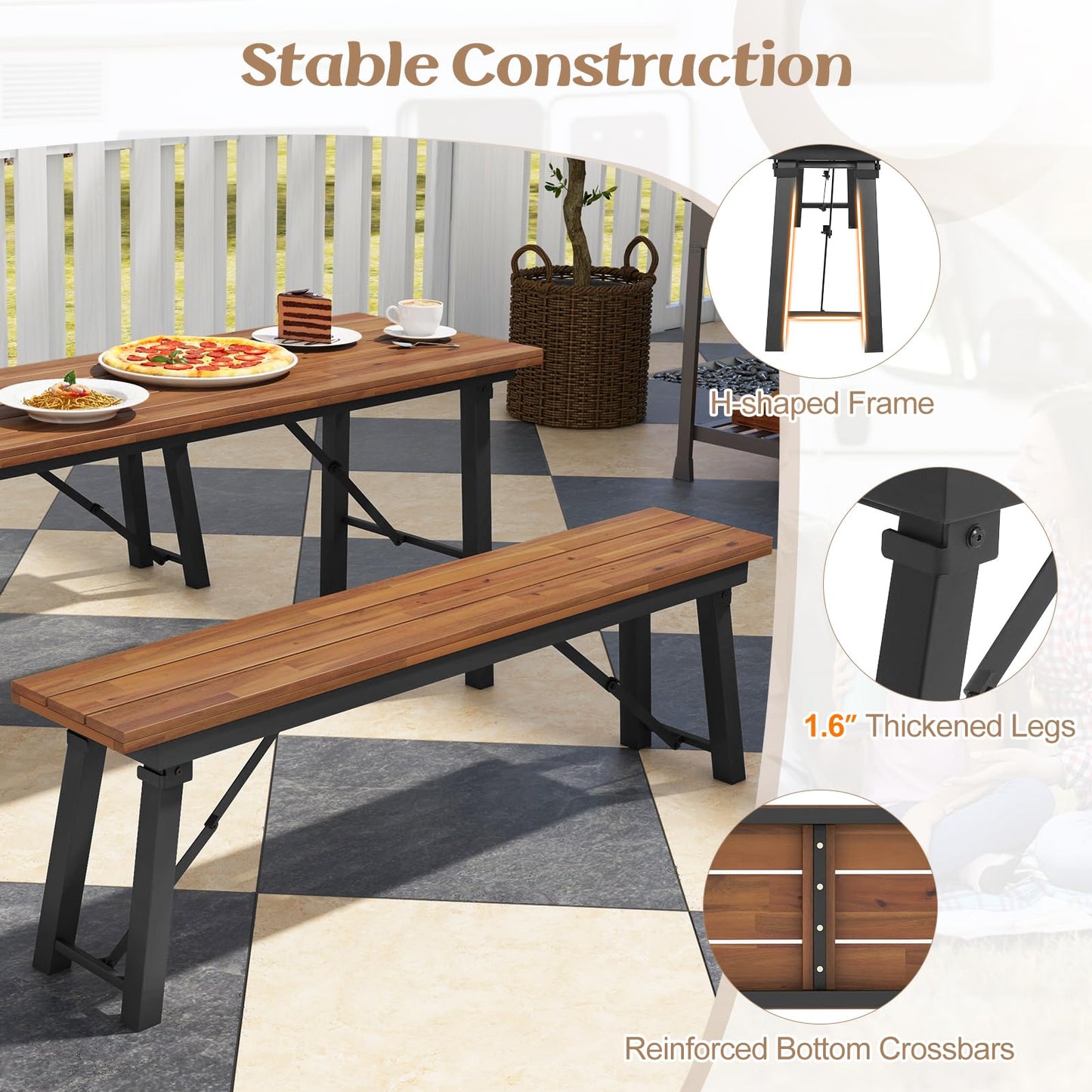 Tangkula Outdoor Dining Table With Benches for 4-6 Persons, No Assembly Foldable 59 Inches Narrow Patio Dining Table with Acacia Wood Top & Heavy Duty Metal Frame, for Yard, Garden, Poolside or Indoor
