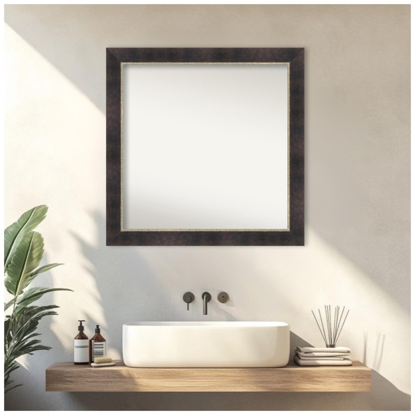 Amanti Art Bronze Bathroom Mirror for Over Sink, 31x31 Odin Antique Bronze Square Vanity Mirror, Large Modern Wood Frame, Hangs Horizonally and Vertically, Bathroom Wall Decor, Non-Beveled Edge