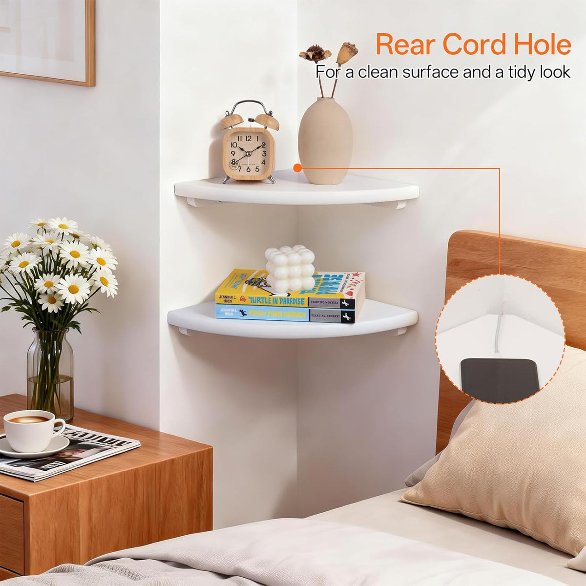7inch Gieanoo White Corner Wall Shelf Solid Oak Wood Floating Corner Shelf with Wire Hole Corner Wall Storage Display