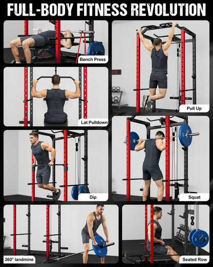 Goimu C1-V4 Power Cage, 2000LBS Squat Rack with LAT Pulldown, Multi-Function Weight Cage Strength Training Machine, Workout Cage with More Attachments for Home Gym Garage (C1-SE RD)