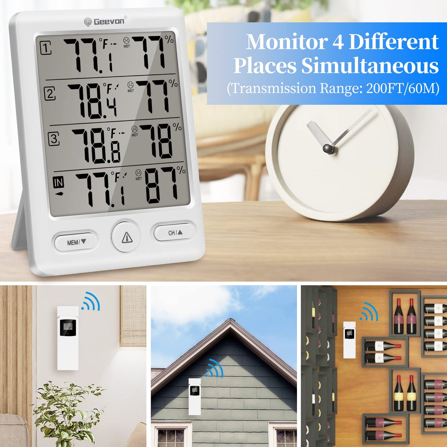 Geevon Indoor Outdoor Thermometer Wireless with 3 Remote Sensors, Digital Hygrometer Thermometer, Wireless Temperature Humidity Monitor Gauge with 200FT/60M Range (Black)