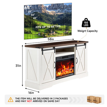 ROCKPOINT 58" Fireplace TV Stand for TV up to 65 Inch with Farmhouse Tall Sliding Barn Doors, Entertainment Center with Storage Cabinet, 23" Electric Fireplace with Remote, White