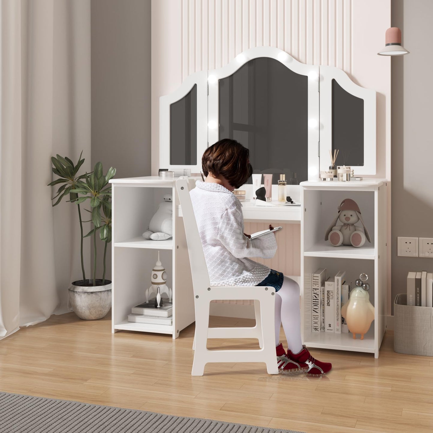 Garvee Kids Vanity Table, Princess Makeup Desk & Chair Set Withtouch Light Detachable Tri-Folding Mirror, Open Storage Shelves, Wooden Girls Vanity Dressing Table, Pretend Play Vanity Set for Toddler