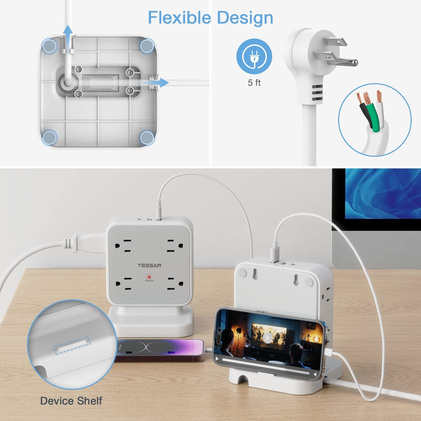 TESSAN Surge Protector Power Strip, 5 Ft Flat Plug Extension Cord with 3 USB (1 USB C) 8 Outlets, 900J Surge Protection, 3 Sided Outlet Extender with Power Switch for Office, Dorm Room Essentials