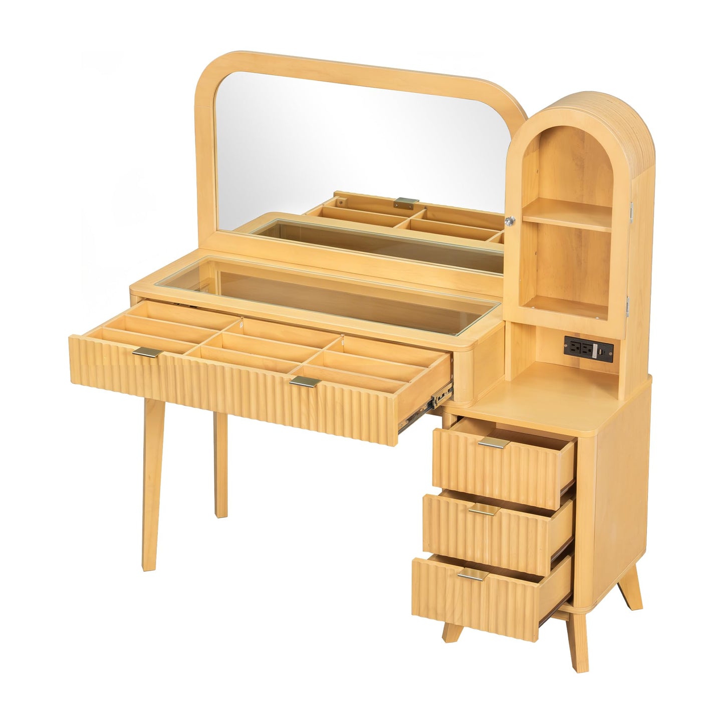48" Fluted Makeup Vanity Desk with Large 32" Mirror, Modern Glass Top Vanity Table with 4 Drawers & Side Cabinet, Built-In Charging Station, Dressing Table Set for Bedroom, Natural Wood Finish