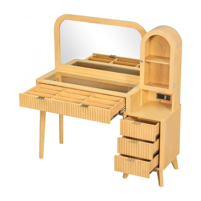 48" Fluted Makeup Vanity Desk with Large 32" Mirror, Modern Glass Top Vanity Table with 4 Drawers & Side Cabinet, Built-In Charging Station, Dressing Table Set for Bedroom, Natural Wood Finish