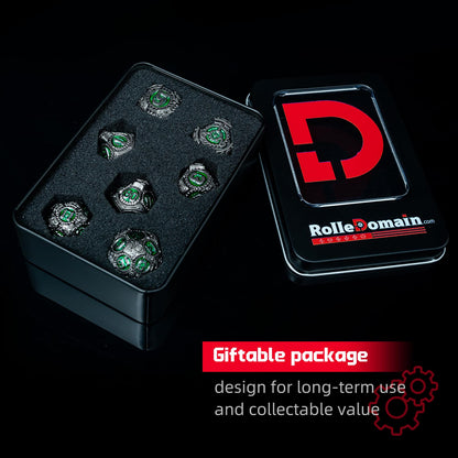 Rolledomain Metal DND Dice Set, Green Steampunk Machinist Gear Heavy Metal Dice Set with Gift Case, Dice Gift for D&D DM and Players, Designed for Dungeons and Dragon, MTG, TTRPG Role Playing Games