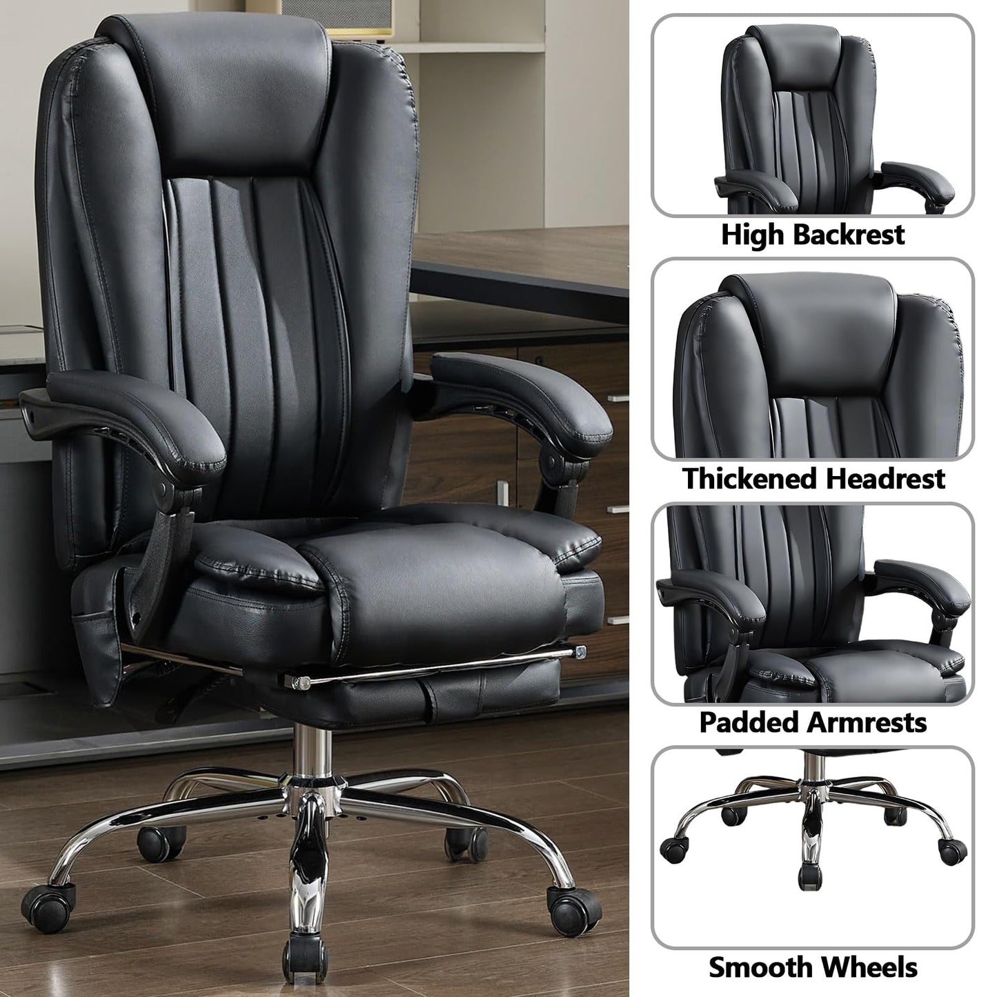 Thctvous Luxury Leather Executive Office Chair with Foot Rest, Reclining Massage Office Chair with Heat/Adjustable Backrest/Rolling Wheels/Soft Cushion, Heavy Duty, 400 Lbs Capacity (Leather, Black)