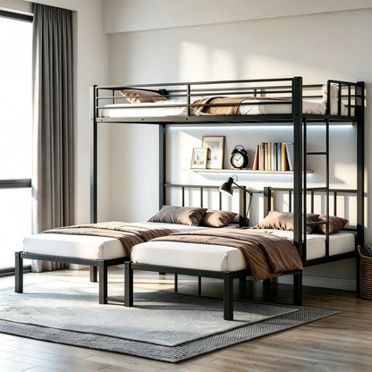 Mixcous Heavy Duty Triple Bunk Bed, Twin Over Twin Over Twin with Guardrails and Ladder, Metal Bunk Bed for 3, 3 Bed Teens and Adults, No Box Spring Needed, Black