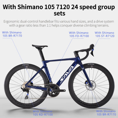 SAVADECK Carbon Fiber Road Bike, Hydraulic Oil Disc Bike with Carbon Fiber Frame and Wheelset, Lightweight Full Carbon Racing Bicycle with Shimano R7120 24S Shift Set for Adults(Dark Blue,51cm)
