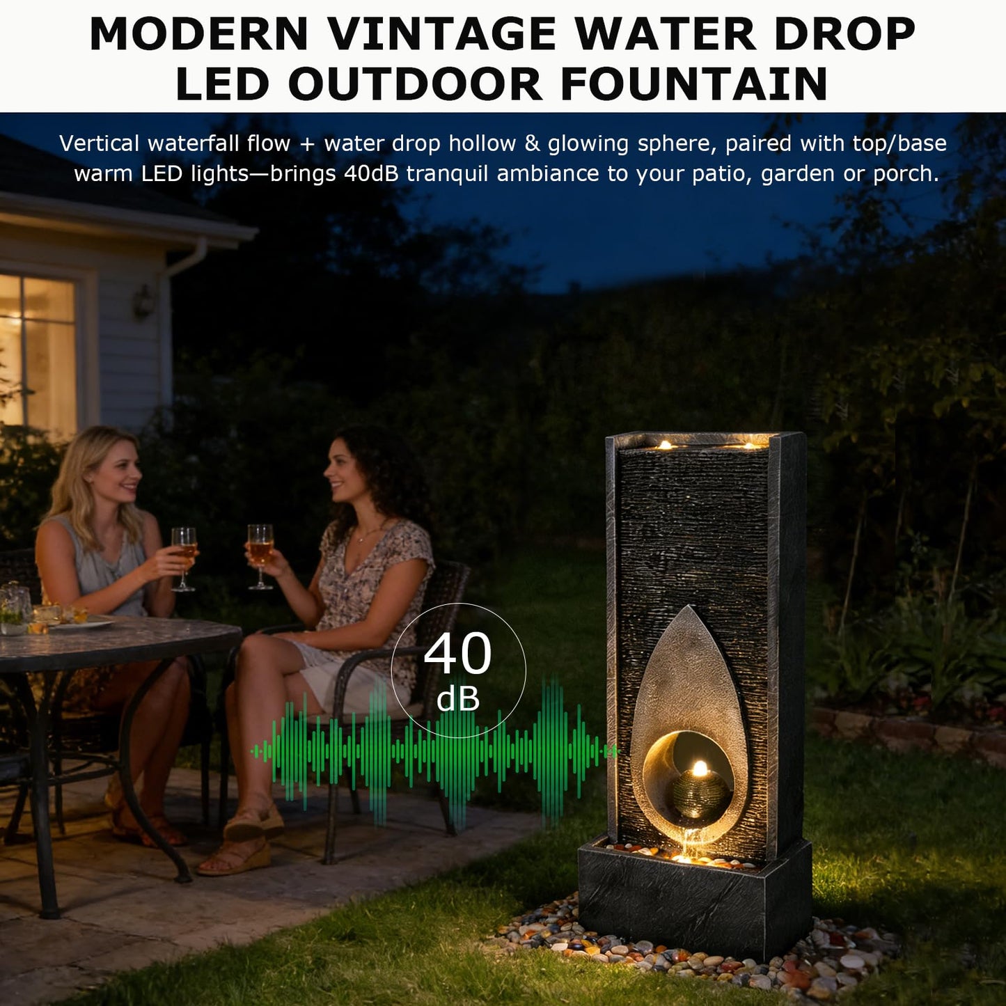 46.5’’Tall Modern Water Fountain Indoor Outdoor Waterfall Feature Floor Standing with Sphere and LED Lights for Garden, Yard, Patio, Deck, Porch, Livingroom Decor