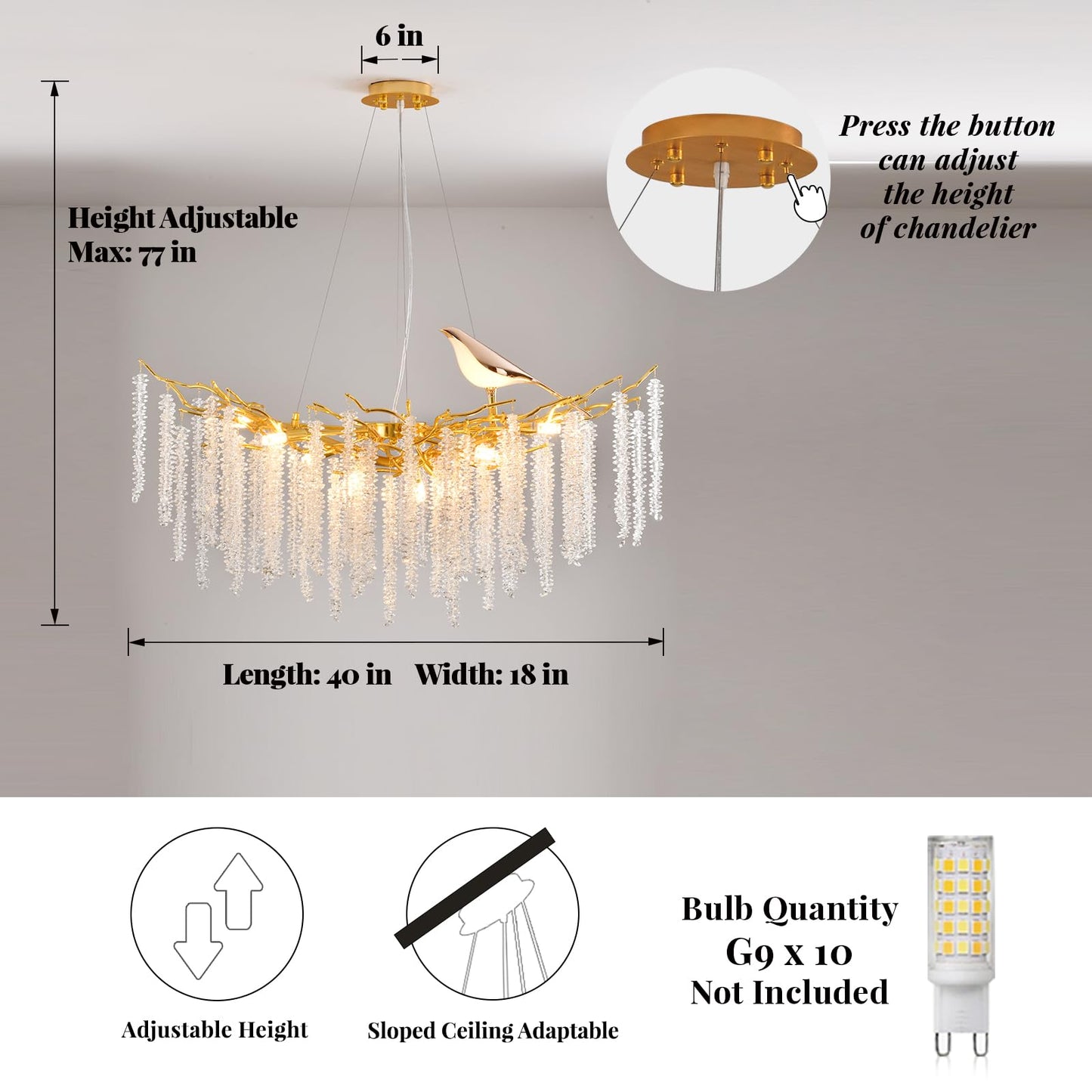 XYDikssn 43 Inch Gold Tree Branch Chandelier, 10-Light Linear Crystal Raindrop Pendant Light, Modern Luxury Hanging Lamp for Indoor Home Decor