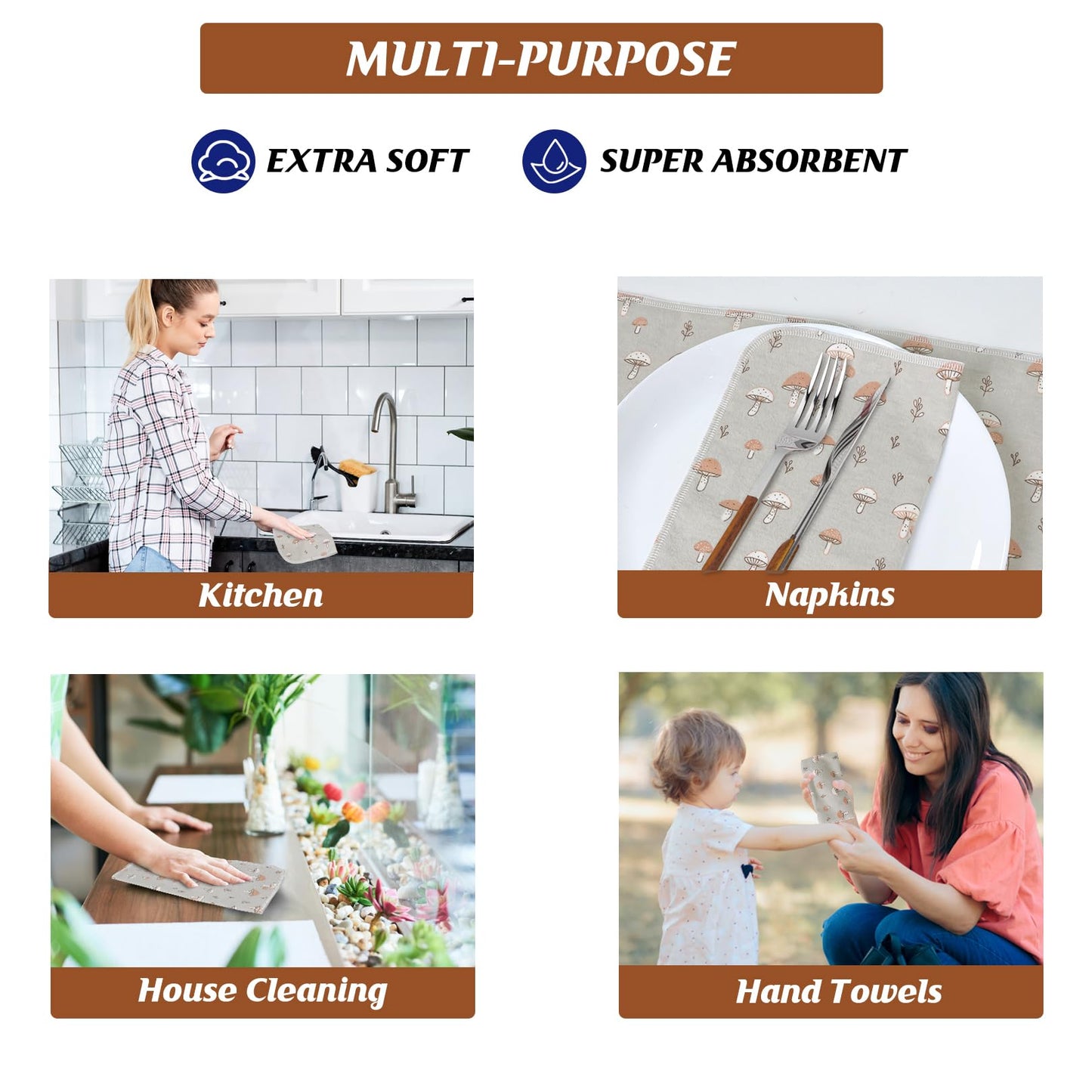 Paper Towels Washable Roll: 25Pack Cotton Cloth Paper Towels 11.8x11.8In Absorbent Soft Flannel Paperless Towels (Mushroom)