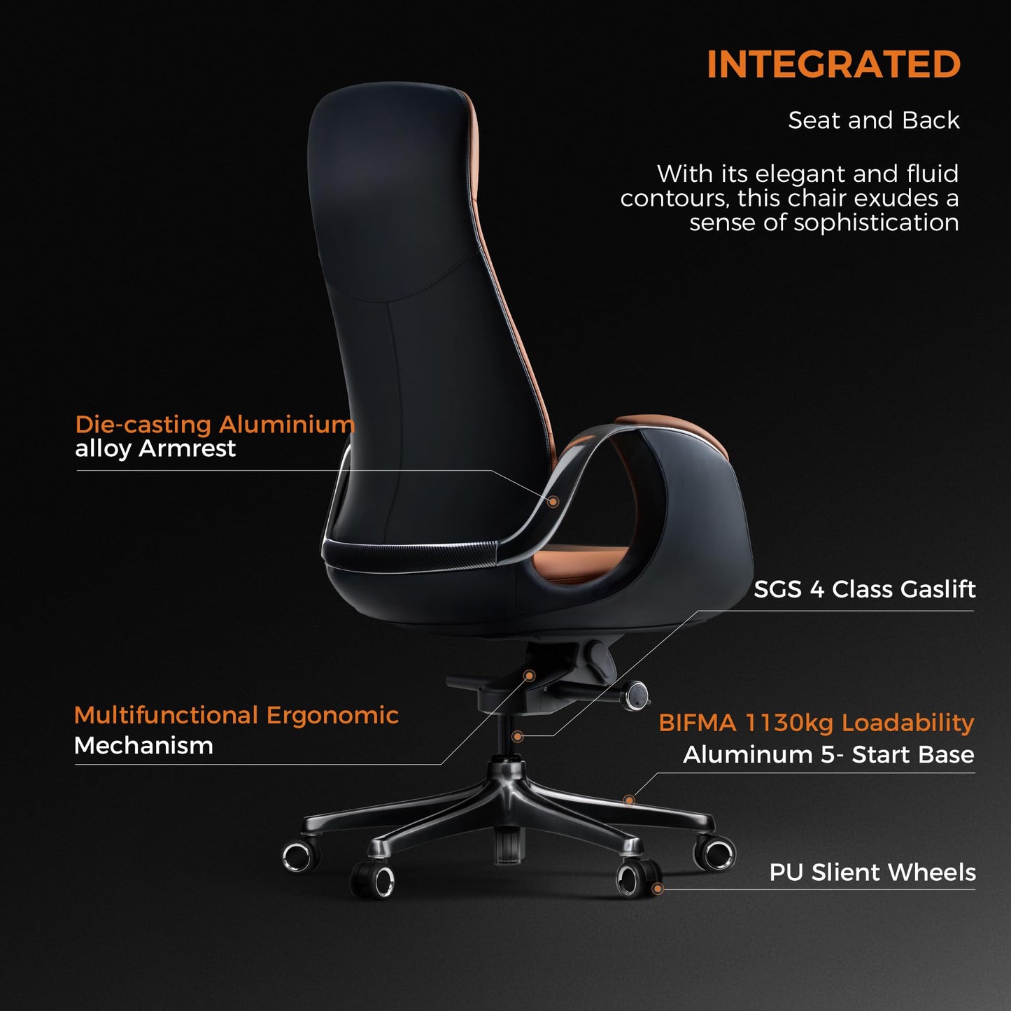 TOMU Top Grain Genuine Leather Executive Office Chair Brown, Luxury Office Chair with Aluminum Sturdy Base, High Back Ergonomic Boss Chair for Long Hours, Reclining and Rolling smoothly, (Brown)
