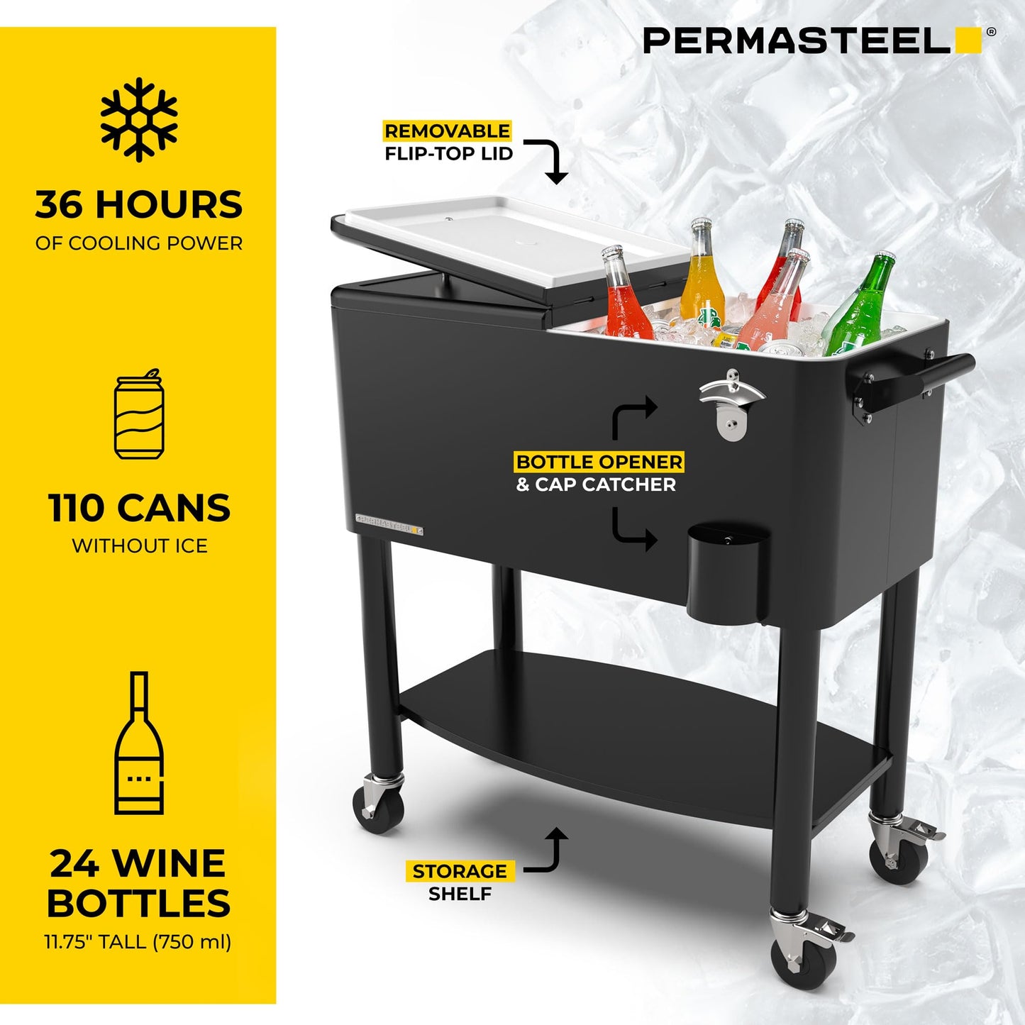 Permasteel Party Cooler with Divider, Spacious 80-Qt Capacity, Chills 36hrs, Serving Tray, Rolling Ice Chest for Indoor and Outdoor Entertainment, Black