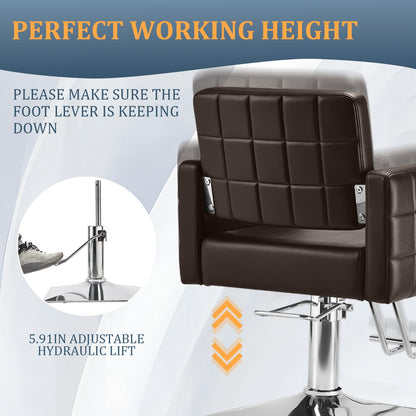 Barber Salon Chair for Barbershop - Load Weight 330 Lbs,Heavy Duty Hydraulic Pump Height Adjustable,360°Swivel with Footrest,Soft Leather with Armrest,Salon Spa,Hair Styling Stylist,Braiding (Brown)