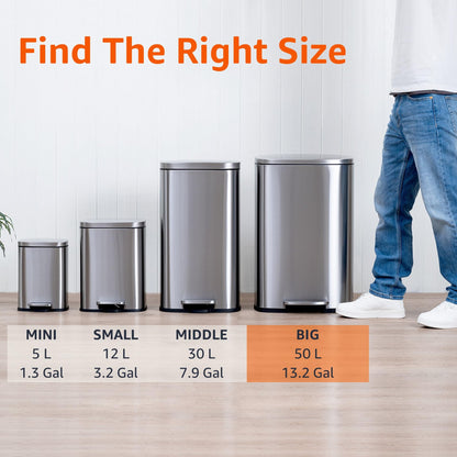 Amazon Basics Smudge Resistant Rectangular Trash Can with Soft-Close Lid, Foot Pedal, Removable Inner Bucket, 50 Liter/13.2 Gallon, Brushed Stainless Steel, Satin Nickel Finish