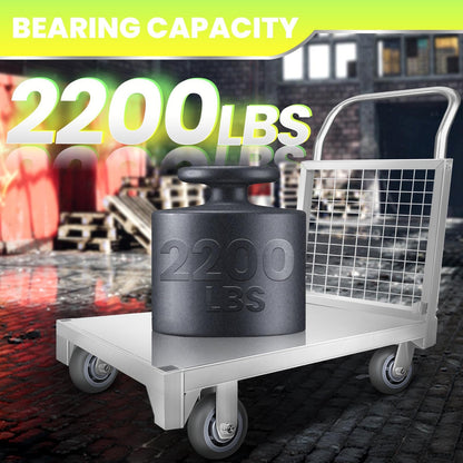 Heavy-Duty Platform Truck Cart with Cage, 2200LBS Capacity Reinforced Flatbed Truck for Warehouses. 4-in-1 Multifunctional Truck Cart with 360° Wheels, Versatile Platform Truck for Home & Business.