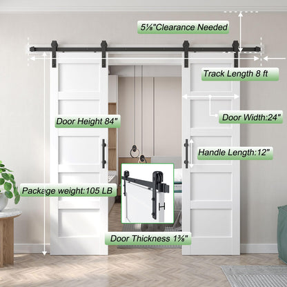 Fredbeck Double 24x84 inch White Barn Door with 8FT Barn Door Hardware Kit Included,with MDF and Wood,DIY Assembly,5-Panel,48inch barn Door,Fit 45in-47in Opening