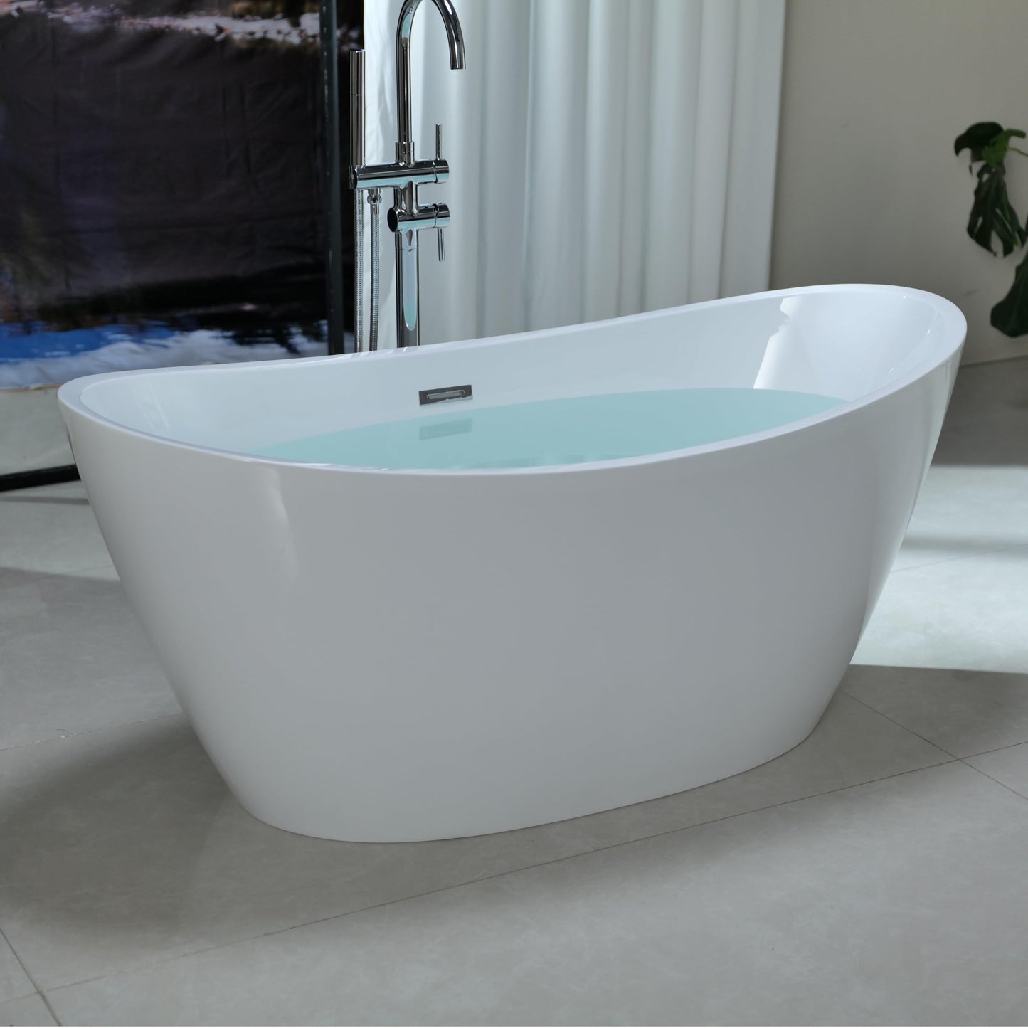 Empava 59" Freestanding Bathtub – Deep Soaking Acrylic Tub for Small Bathroom, Non-Slip Flatbottom, Stress Relief Home Spa, Brushed Nickel Drain & Overflow, Single Adult, Glossy White