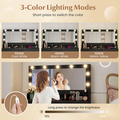 CHARMAID Vanity Desk with Mirror and Lights, Charging Station & Storage Stool, Makeup Vanity Table with 7 Drawers, 3 Open Cubbies, 46.5" Large Modern Dressing Table with Chair for Bedroom, Black