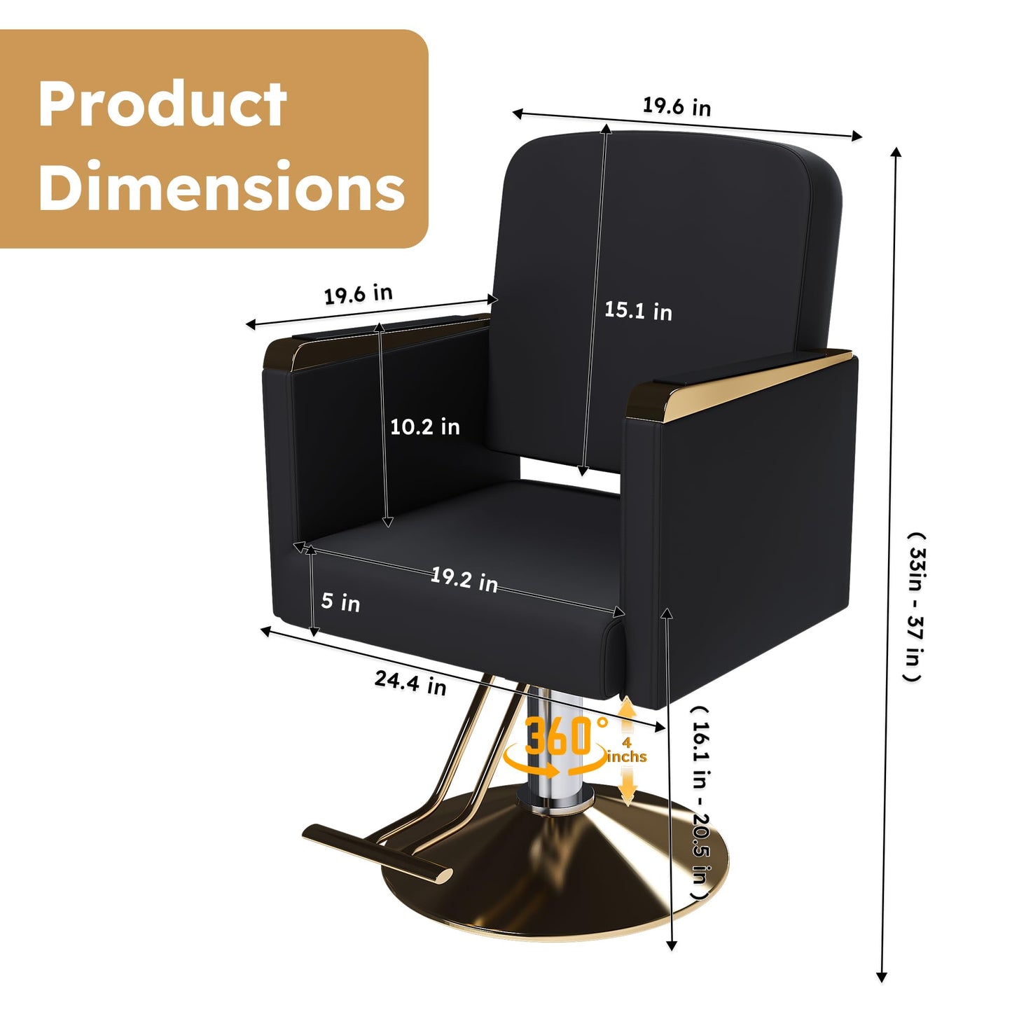 KEIKI Professional Salon Chair, 360° Swivel Hydraulic Barber Chair, Non-Tilting Styling Chair for Hair Salon, Tattoo & Beauty Spa, Black & Gold