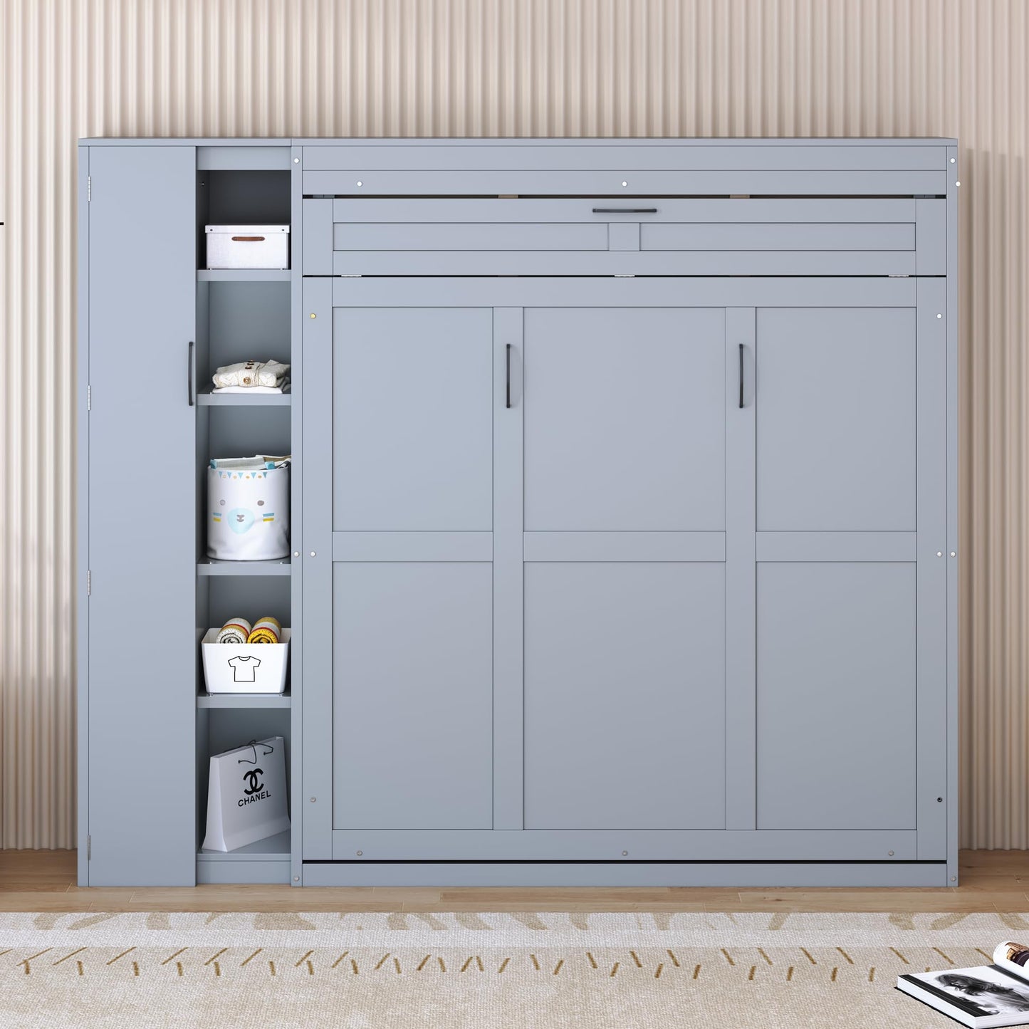 Ball & Cast Murphy Bed Queen Size Wall Chest with Shelves and 4 Drawers,Wood Hideaway Cabinet Platform Bedframe w/LED Lights,can be Folded,Space-Saving,for Small Room,Dorms,Gray