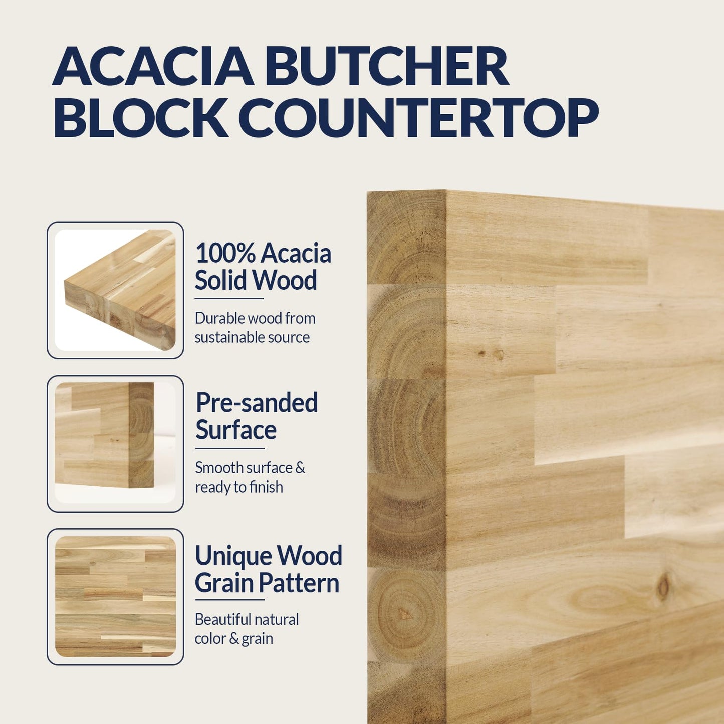 Howizz Acacia Butcher Block Countertop 72 x 36 x 1.5 Inches, Unfinished Solid Wood Table Top for DIY Desk Top, Workbench Top, Kitchen Countertop