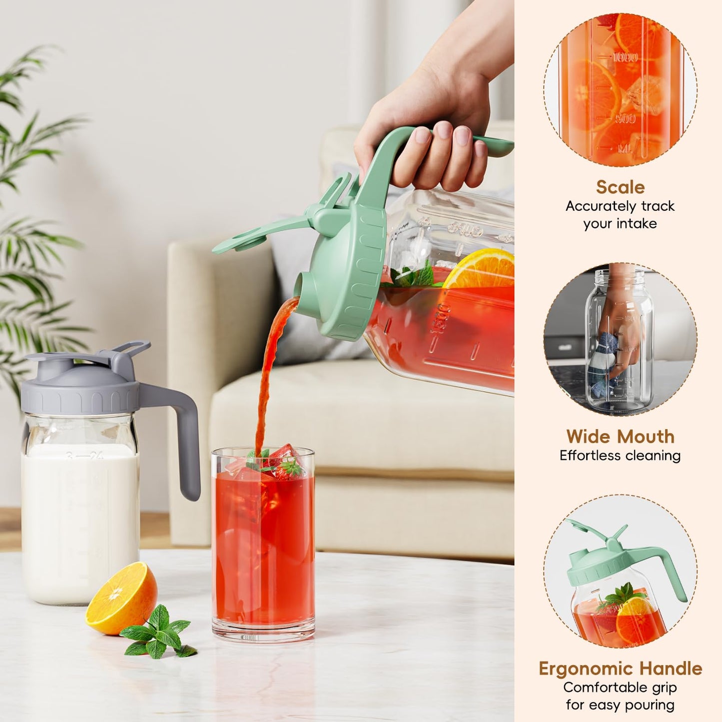 Glass Mason Jar Pitcher, 64 oz Wide Mouth Jug with Pour Spout Handle Lid for Cold Brew Coffee, Ice Beverage, Iced Juice, Lemonade, Sun Tea, Fruit Drinks Container(Pink)