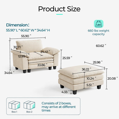 LINSY HOME Cloud Sofa Accent Chair with Ottoman Chaise Lounge Chair Indoor, Corduroy Couch Sofa Chair for Living Room Apartment Bedroom Office, Beige