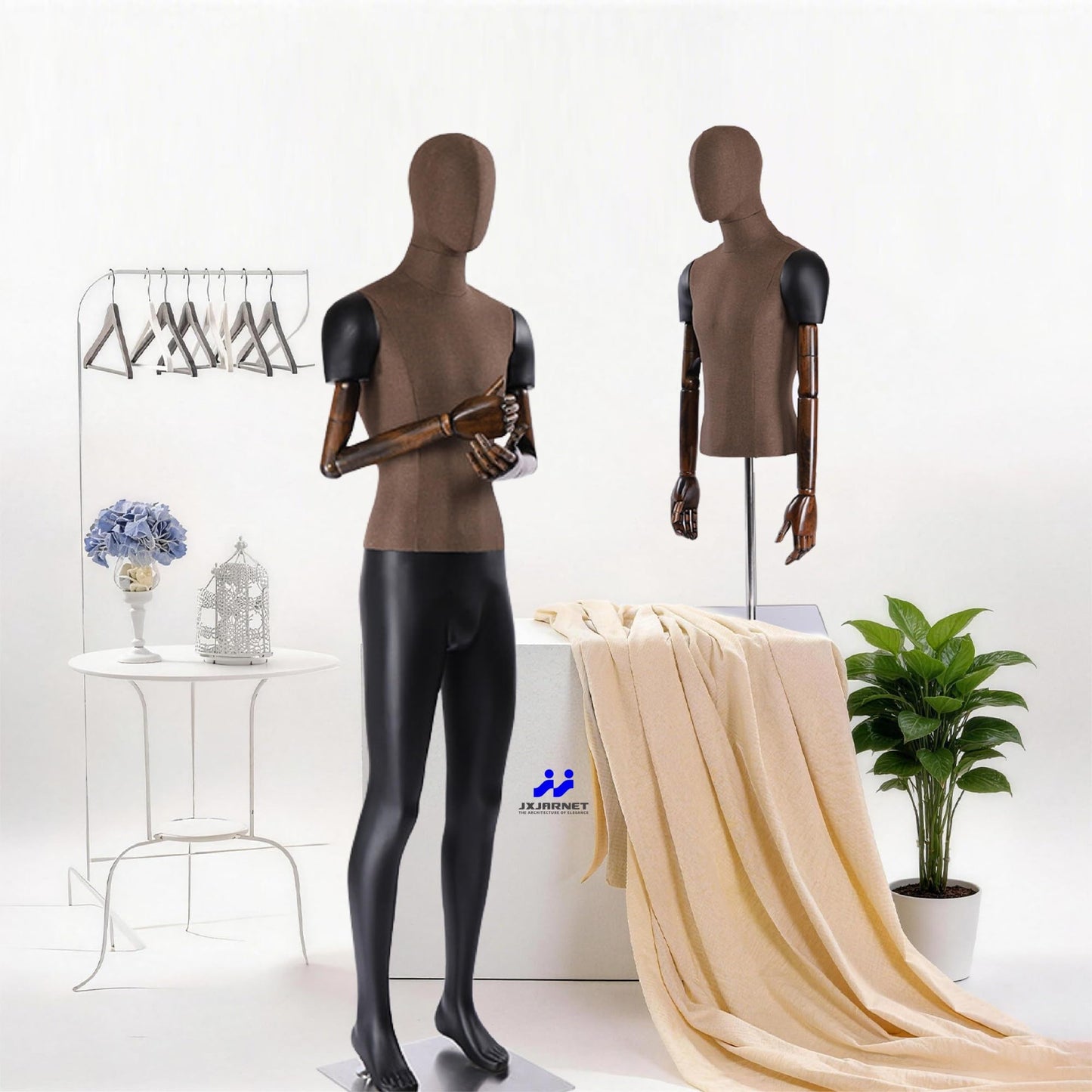 Male Mannequin with Articulated Wood Arms, Premium Fiberglass Dress Form with Linen Torso, Heavy Duty Stainless Steel Base, Flexible Display Dummy for Retail Store & Tailoring(Brown,Straight Leg)