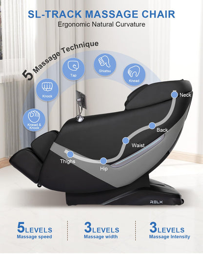 RELX 2026 Massage Chair Full Body, Zero Gravity Airbag Shiatsu Massage Chair with SL-Track, Heating, AI Control, Body Scan, 13 Modes, Foot Rollers, and Deep Yoga Stretch (Black)