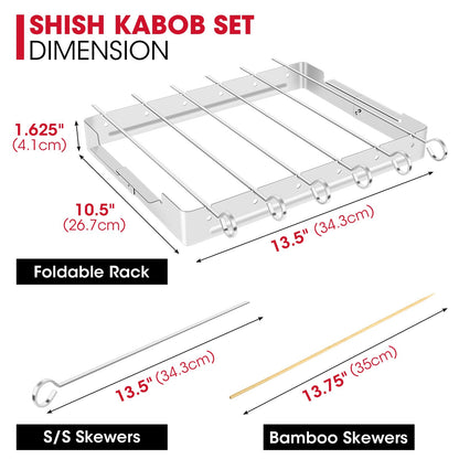Unicook Upgraded Stainless Steel BBQ Shish Kabob Set, Large Foldable Grill Rack with 6pcs 13.5"L Barbecue Skewer, Keeps Kabobs from Sticking to the Grill Grate, 30pcs Bamboo Skewers as Bonus