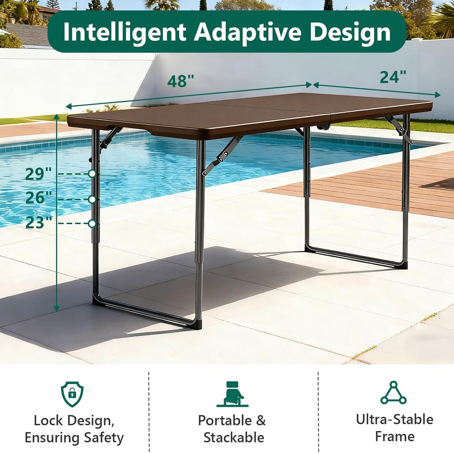 4FT Folding Table Heavy Duty Plastic Table with Handle, Foldable&Portable, Fold-in-Half Utility Tables for Outdoor