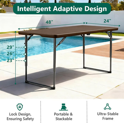 48" 24" Folding Table x - Heavy Duty Fold-in-Half Plastic Table with Adjustable Height, Portable Utility Tables