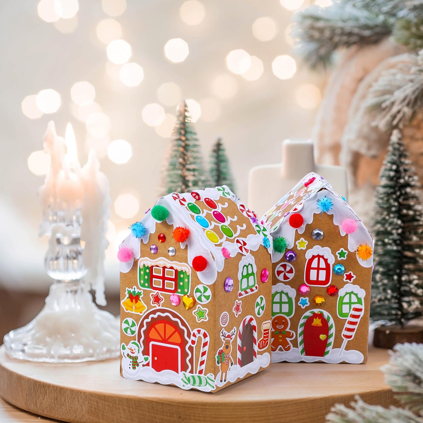 Dianelhall 24 Sets Christmas Gingerbread House Cardboard DIY Gingerbread House Craft Kits with Pom Poms Stickers for Christmas Holiday Party Favors Supplies Decorations Xmas Home Game Activities