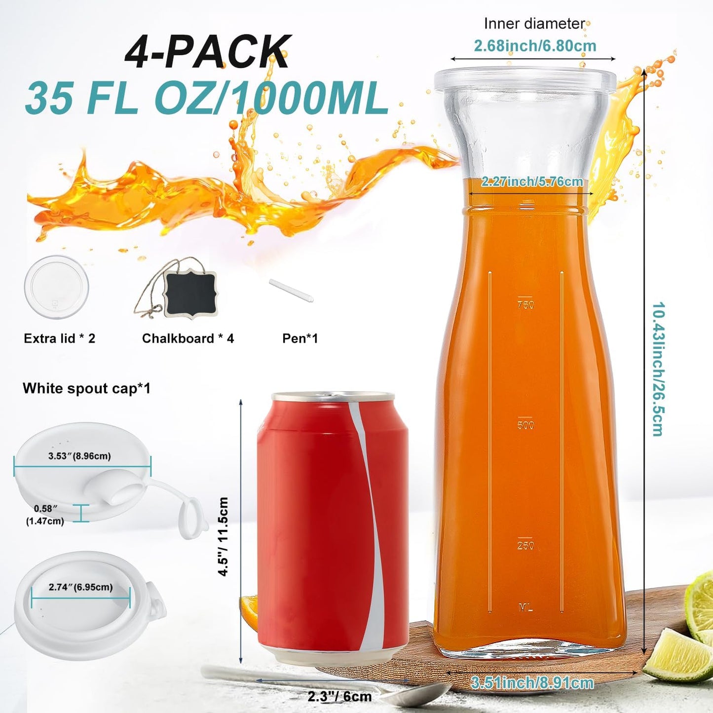 1 4 (6 1 Ritayedet Glass Carafe, Liter Carafe for Mimosa Bar, Pcs, Square Pitcher with Lid and Spout, Drink Dispenser