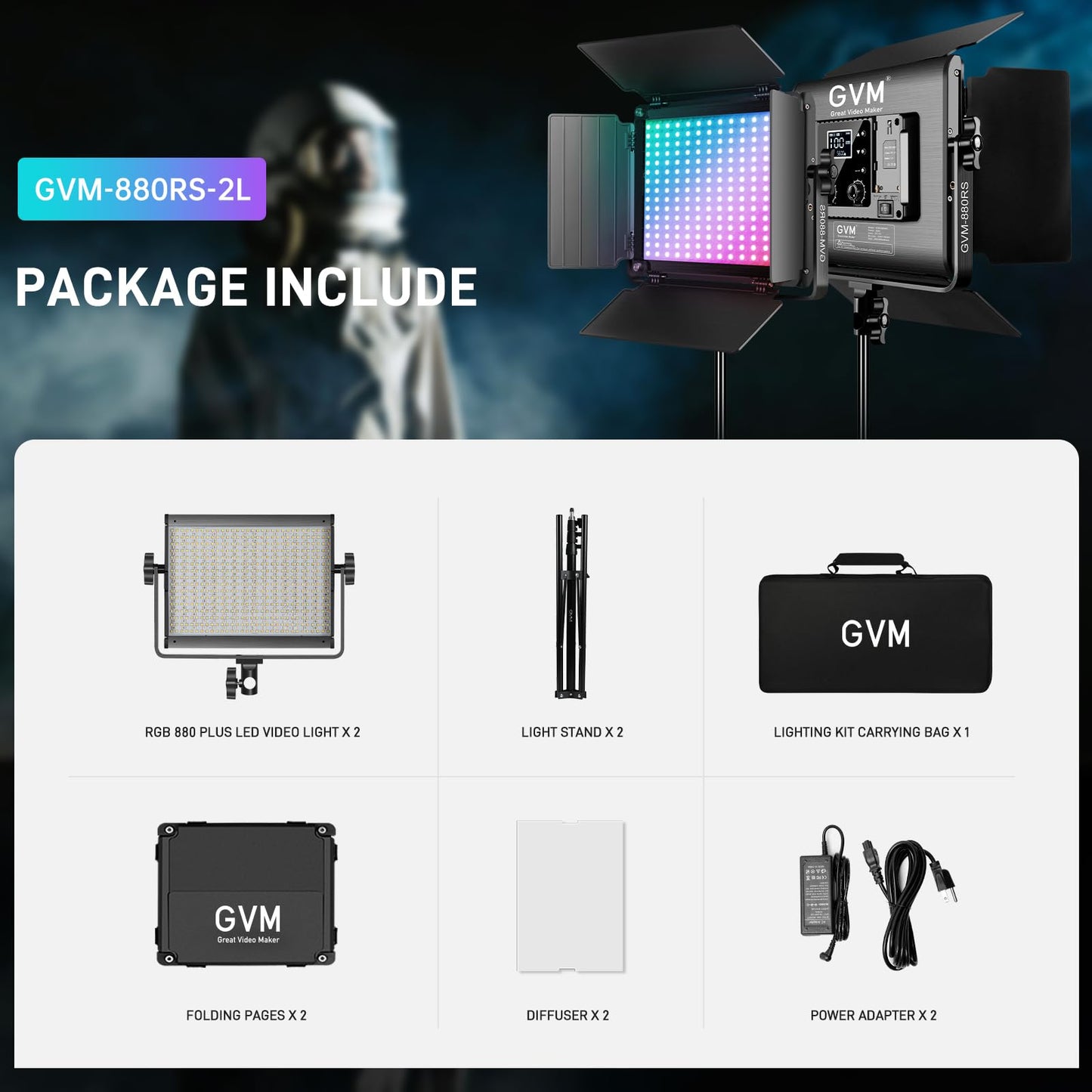GVM RGB LED Video Light with Bluetooth Control, 60W Photography Studio Lighting Kit with Stands, 2-Packs 880RS Dimmable Led Panel Light for YouTube, Streaming, Gaming, 8 Applicable Scenes, CRI97