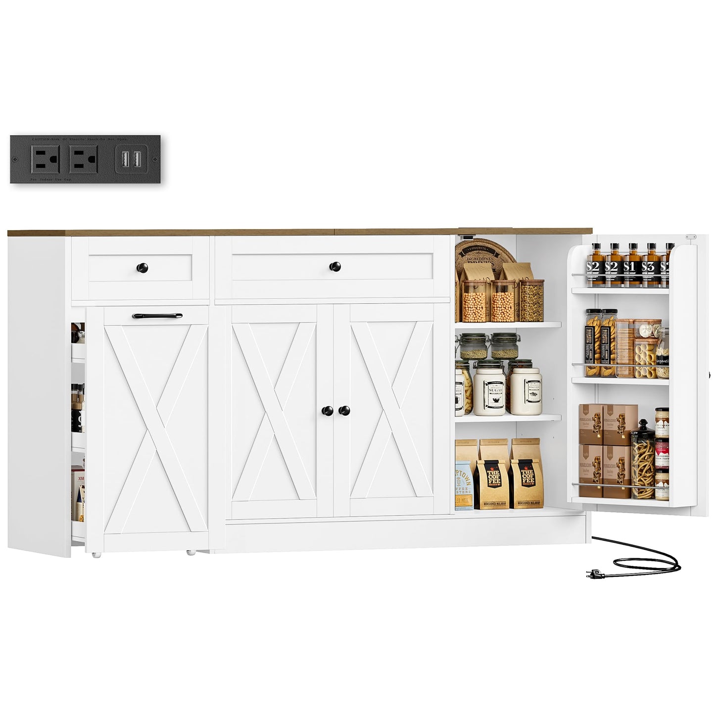 HOSTACK Multifunctional Storage Cabinet - 59" Buffet Cabinet with Charging Station, Large Kitchen Buffet Sideboard with Rolling Cart, Farmhouse Coffee Bar Cabinet with Drawers for Dining Room, White