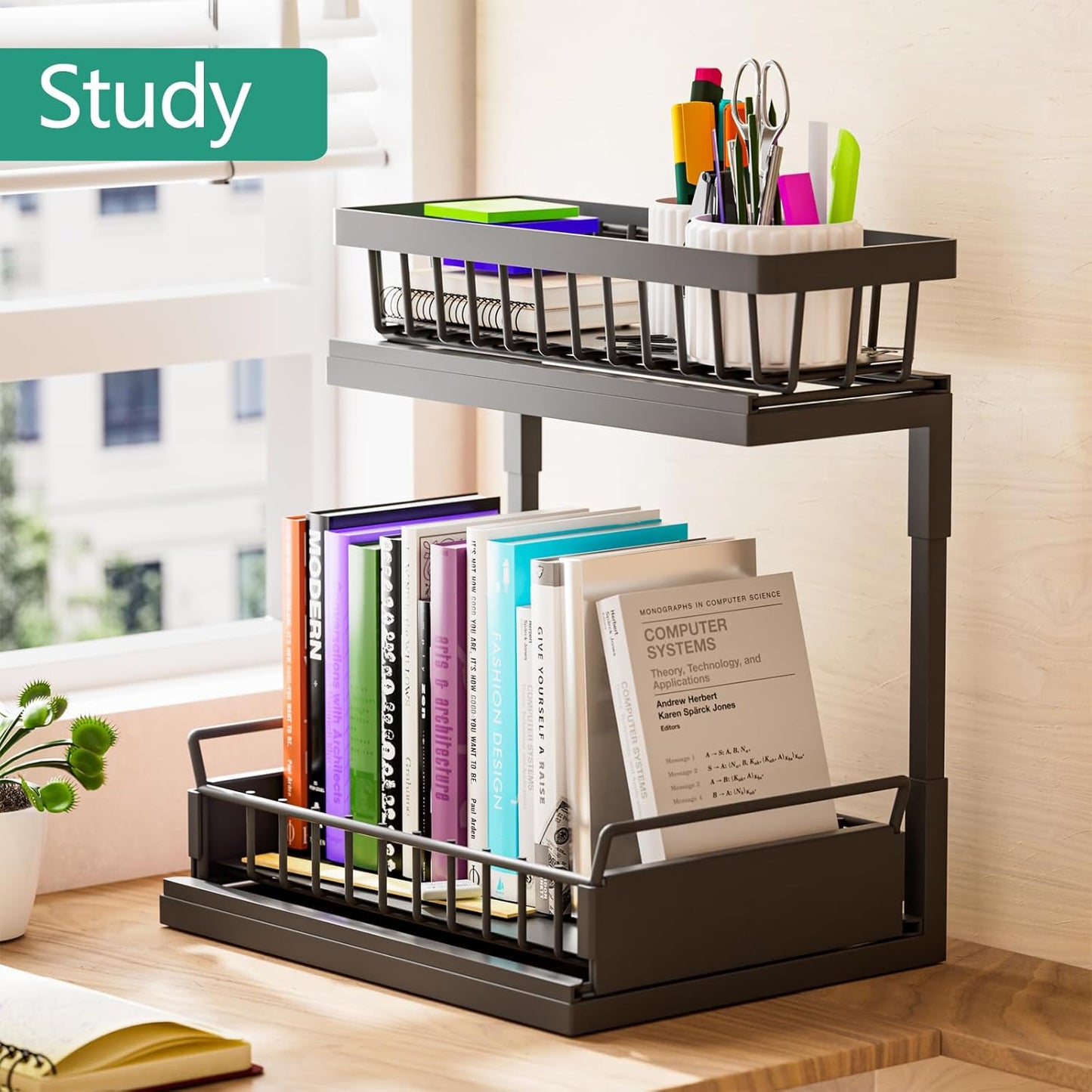 Under Sink Organizer, Metal 2 Tier Storage Basket, Slide Out Cabinet Organizer Shelf for Kitchen and Bathroom, Black