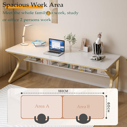 OSCHF Extra Long Desk with Bookshelf - 71" Double Long Writing Table for 2-Person Workstation, Modern Study Work Computer Desk for Home and Office, Gold