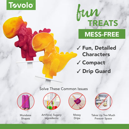 Tovolo Dinosaur Popsicle Molds for Kids Pack of 4 Dino Ice Pop Molds with Sticks, Stackable Popsicle Molds or Toddlers, BPA Free Silicone Fun Frozen Ice Popsicle Molds with Drip Guards