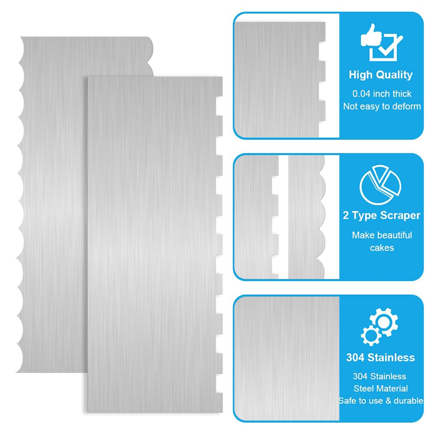 2 Pc 9 Inches Stainless Steel Cake Scraper Cake Decorating Tools Edge Side Jagged Wave Double Sided Patterned Comb Metal Cake Carving Smoothing Cream Pastry Baking(9 x 3.5 Inches)