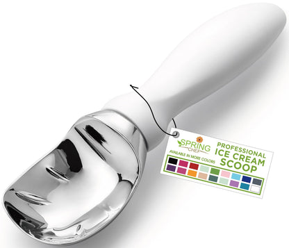 Spring Chef White Commercial Ice Cream Scoop with Comfortable Handle - Heavy Duty Metal Ice Cream Scooper for Frozen Yogurt, Gelato, Sorbet, Melon, Sundae - Dishwasher Safe Kitchen Tool