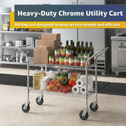 18" x 46" x 36" Commercial Chrome Utility Cart - NSF Heavy-Duty 2-Shelf Rolling Cart with Handles, 900 lb, Service and Supply Cart with Casters for Restaurant, Catering, Kitchen Use