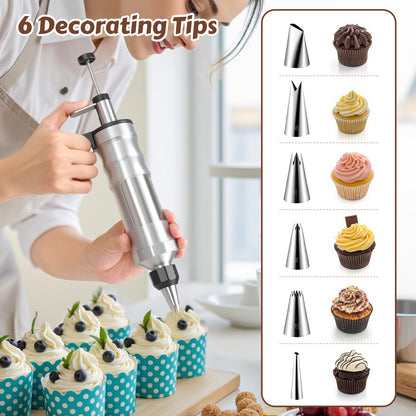 MIKESIER Dessert Decorating Syringe Set, Stainless Steel Frosting & Icing Piping Kit with 6 Tips and 9 Silicone Cupcakes,3 Cream Scraper for Cake Decorating Tools Cupcake Decorating Kit