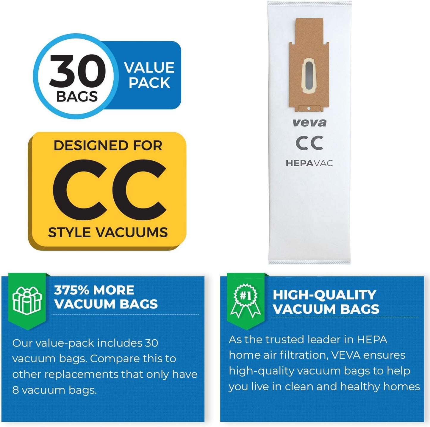 VEVA 30 Pack Premium HEPA Vacuum Bags, Odor Fighting Style CC, Hypo-Allergenic for Oreck Models XL5, XL7, XL21