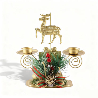 ABTOLS Reindeer Tealight Candle Holders - Festive Elk Design with Red Berry | Gold Candlestick for Christmas Decor